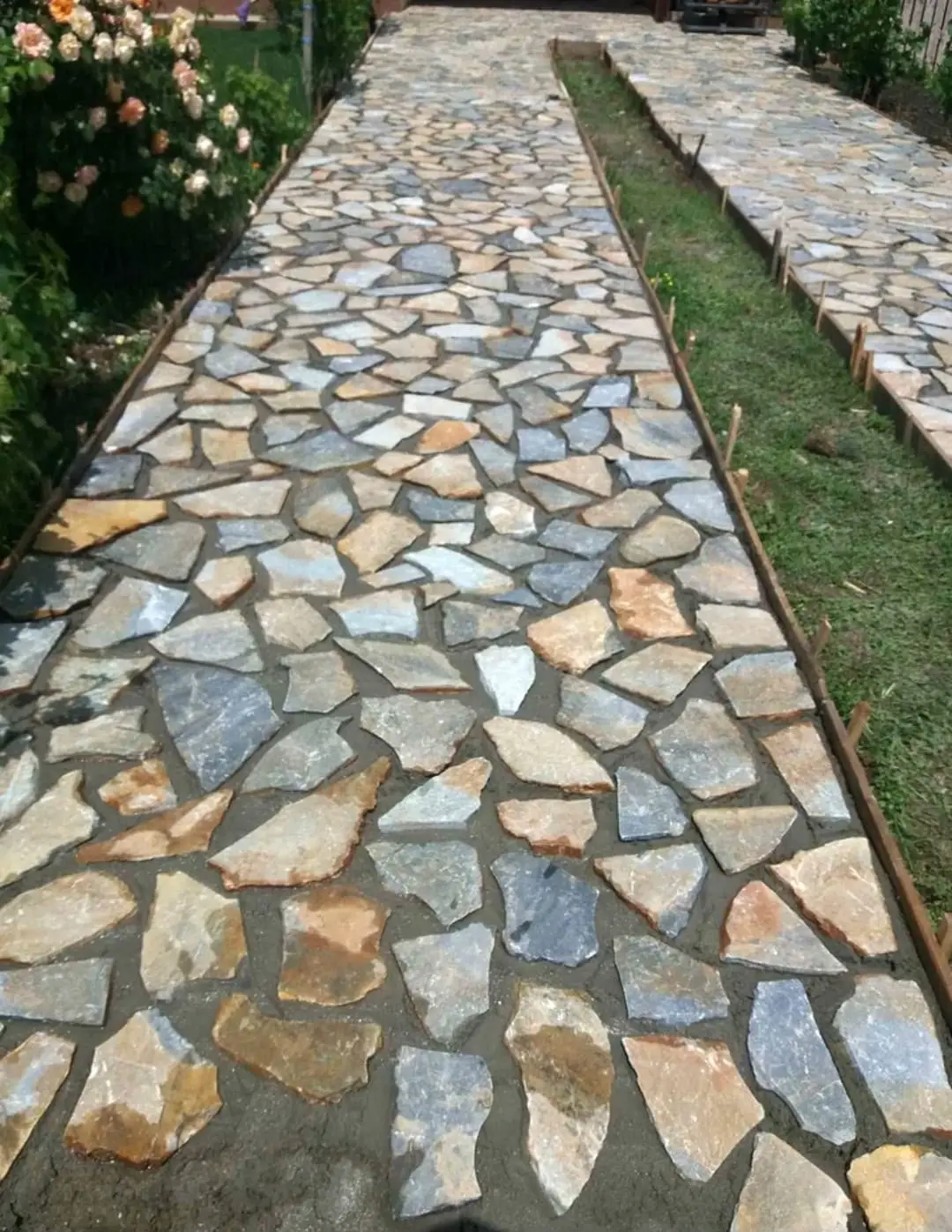 Alee îngustă din piatră decorativă multicoloră, mărginită de gazon, Corbeanca