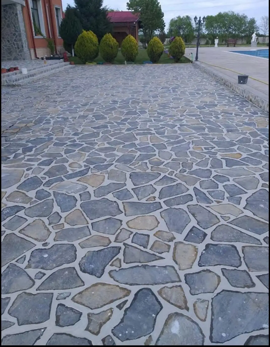 Curte mare pavată cu piatră naturală gri, cu gard viu și piscină, Corbeanca, Ilfov